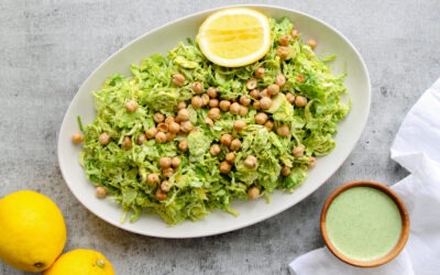 Shaved Brussels Sprouts Salad with Green Goddess Dressing and Crispy Chickpeas