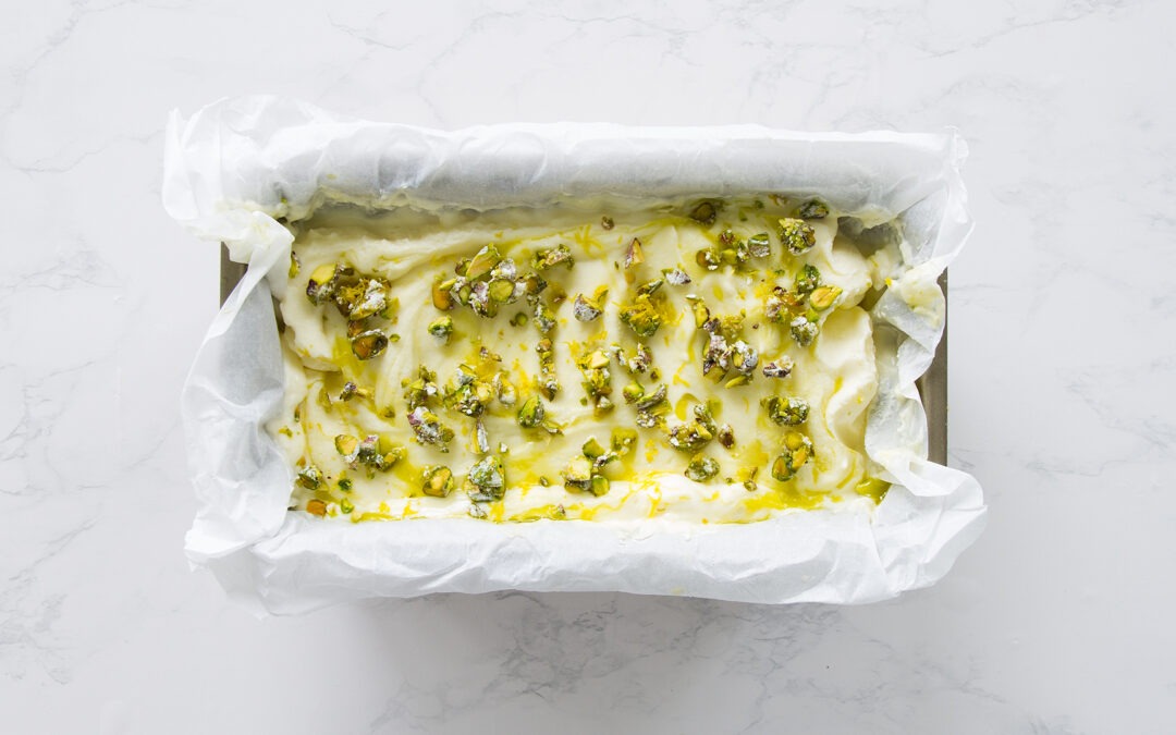 Mascarpone Semifreddo with Extra Virgin Olive Oil and Candied Pistachios