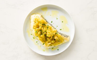 Poached Seabass in Olive Oil with Garlicky Breadcrumbs
